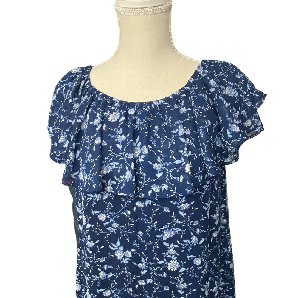 Eliza J Navy Floral Dress with Ruffles Neckline Size 8